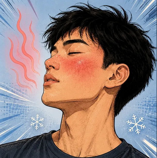 Illustration of a face flushed across the cheeks and nose between a heat source and a cold source