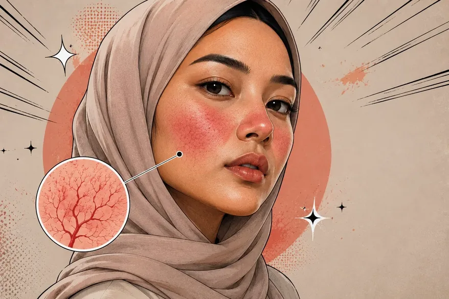 Illustration of persistent redness across the cheeks and nose, with an inset showing the widened vessels beneath