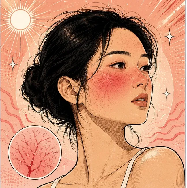 Illustration of persistent redness across the cheeks and nose, with an inset of widened vessels beneath the skin