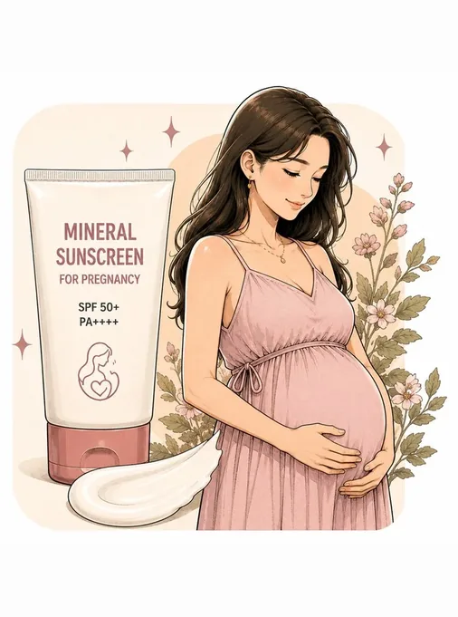 A pregnant woman holding a mineral sunscreen