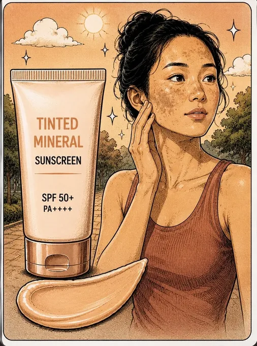 A woman with facial pigmentation applying a tinted mineral sunscreen outdoors