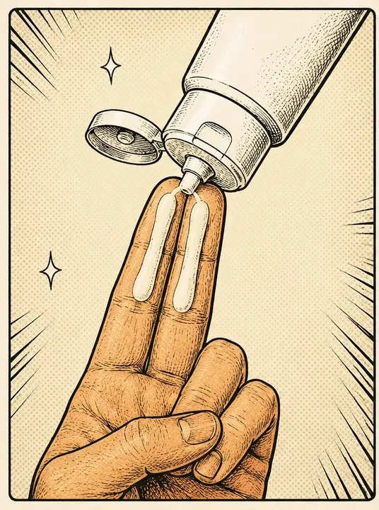 Sunscreen squeezed from a tube as two lines running the full length of the index and middle fingers