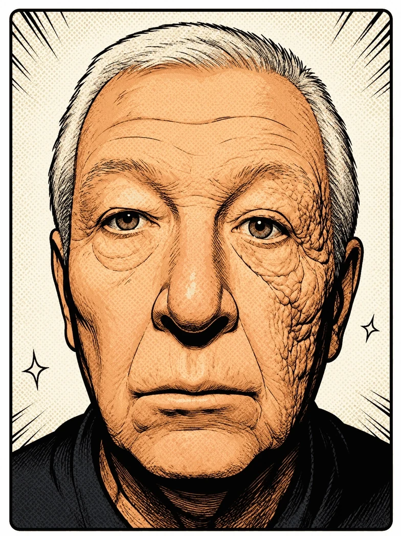 Illustration of severe photoageing confined to one side of an older man's face
